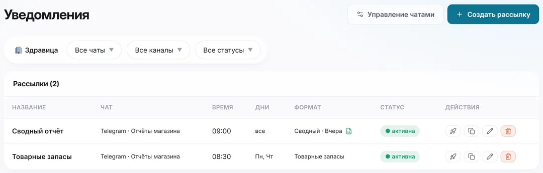 Настройка рассылок: отчёты по расписанию в Telegram и MAX с Excel-вложением